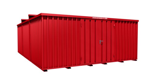 Lagercontainer - Schnellbaucontainer 30 qm, L5100xB6560 mm, Höhe 2315 mm, Doppelflügeltür mittig in Längsseite, Boden OSB 3 Platte, feuerrot, montiert