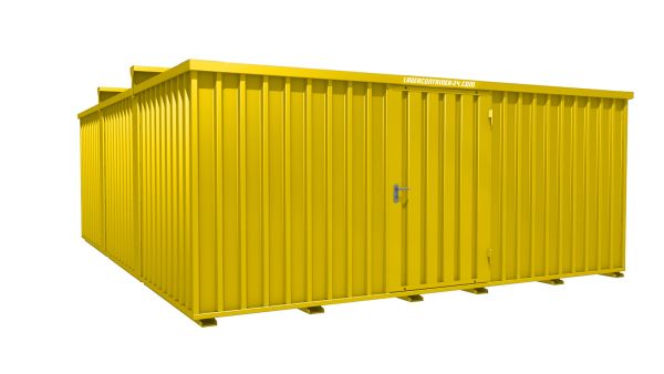 Lagercontainer - Schnellbaucontainer 30 qm, L5100xB6560 mm, Höhe 2315 mm, Einflügeltür mittig in Längsseite, Boden OSB 3 Platte, signalgelb, montiert