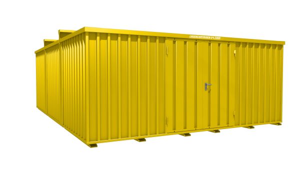 Lagercontainer - Schnellbaucontainer 30 qm, L5100xB6560 mm, Höhe 2315 mm, Doppelflügeltür mittig in Längsseite, Boden OSB 3 Platte, signalgelb, montiert