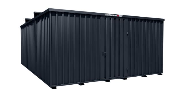 Lagercontainer - Schnellbaucontainer 30 qm, L5100xB6560 mm, Höhe 2660 mm, Einflügeltür mittig in Längsseite, Boden OSB 3 Platte, anthrazit, montiert