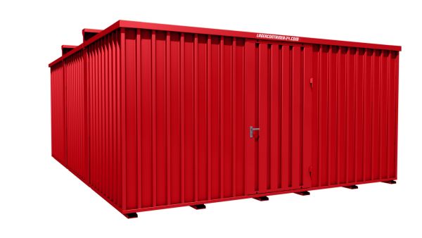 Lagercontainer - Schnellbaucontainer 30 qm, L5100xB6560 mm, Höhe 2660 mm, Einflügeltür mittig in Längsseite, Boden OSB 3 Platte, feuerrot, montiert