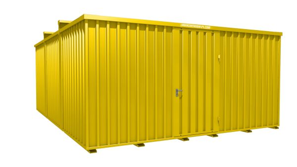 Lagercontainer - Schnellbaucontainer 30 qm, L5100xB6560 mm, Höhe 2660 mm, Einflügeltür mittig in Längsseite, Boden OSB 3 Platte, signalgelb, montiert