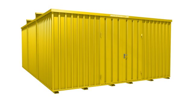 Lagercontainer - Schnellbaucontainer 30 qm, L5100xB6560 mm, Höhe 2660 mm, Doppelflügeltür mittig in Längsseite, Boden OSB 3 Platte, signalgelb, montiert