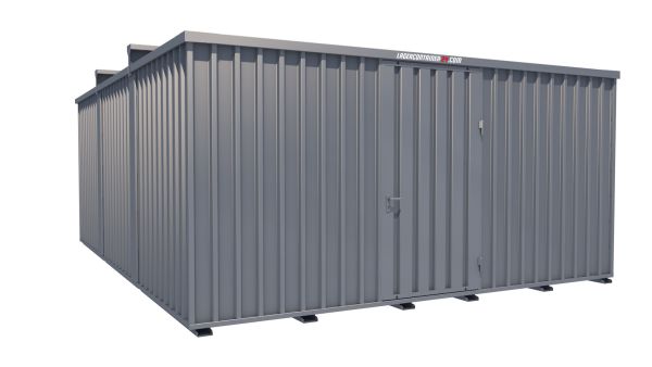 Lagercontainer - Schnellbaucontainer 30 qm, L5100xB6560 mm, Höhe 2660 mm, Einflügeltür mittig in Längsseite, Boden OSB 3 Platte, verzinkt