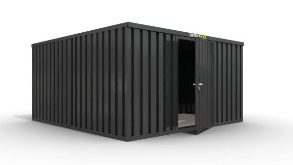 Lagercontainer M2  – 12 qm, H2150 x B3050 x T4340 mm, Außenwandlackierung anthrazit, Dach außen verzinkt, mit Holzfußboden, 1270 mm Einflügeltür mittig in Breitseite, montiert