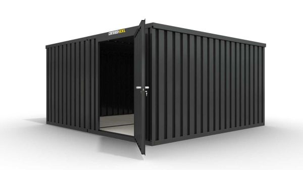 Lagercontainer M2  – 12 qm, H2150 x B3050 x T4340 mm, Außenwandlackierung anthrazit, Dach außen verzinkt, mit Holzfußboden, 1270 mm Einflügeltür mittig in Modul D, montiert