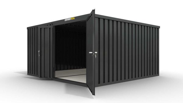 Lagercontainer L2  – 16 qm, H2150 x B4050 x T4340 mm, Außenwandlackierung anthrazit, Dach außen verzinkt, mit Holzfußboden, 1830 mm Doppelflügeltür mittig in Modul D, montiert