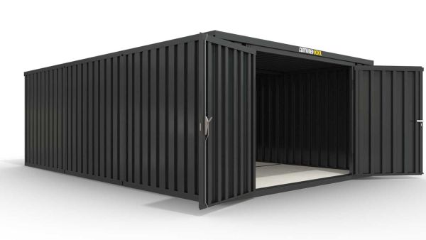 Lagercontainer L3  – 25 qm, H2150 x B4050 x T6520 mm, Außenwandlackierung anthrazit, Dach außen verzinkt, mit Holzfußboden, 2750 mm Doppelflügeltür mittig in Stirnseite, montiert