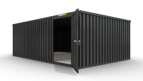 Lagercontainer XL3  – 32 qm, H2150 x B5080 x T6520 mm, Außenwandlackierung anthrazit, Dach außen verzinkt, mit Holzfußboden, 1270 mm Einflügeltür mittig in Modul D, montiert