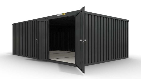 Lagercontainer L3  – 25 qm, H2150 x B4050 x T6520 mm, Außenwandlackierung anthrazit, Dach außen verzinkt, mit Holzfußboden, 1830 mm Doppelflügeltür mittig in Modul D, montiert