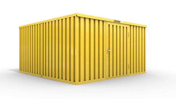 Lagercontainer M2  – 12 qm, H2150 x B3050 x T4340 mm, Außenwandlackierung RAL 1003 signalgelb, Dach außen verzinkt, mit Holzfußboden, 1270 mm Einflügeltür mittig in Breitseite, montiert