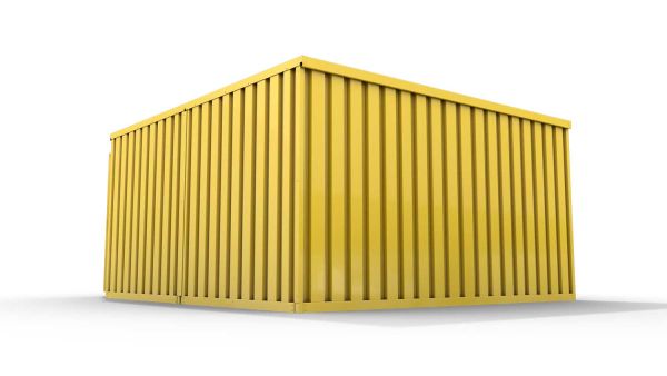 Lagercontainer M2  – 12 qm, H2150 x B3050 x T4340 mm, Außenwandlackierung RAL 1003 signalgelb, Dach außen verzinkt, mit Holzfußboden, 1270 mm Einflügeltür mittig in Breitseite, montiert