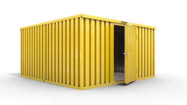 Lagercontainer M2  – 12 qm, H2150 x B3050 x T4340 mm, Außenwandlackierung RAL 1003 signalgelb, Dach außen verzinkt, mit Holzfußboden, 1270 mm Einflügeltür mittig in Breitseite, montiert