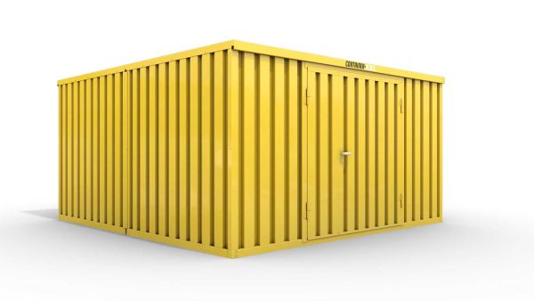 Lagercontainer M2  – 12 qm, H2150 x B3050 x T4340 mm, Außenwandlackierung RAL 1003 signalgelb, Dach außen verzinkt, mit Holzfußboden, 1830 mm Doppelflügeltür mittig in Stirnseite, montiert