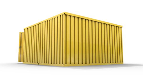 Lagercontainer XL2  – 21 qm, H2150 x B5080 x T4340 mm, Außenwandlackierung RAL 1003 signalgelb, Dach außen verzinkt, mit Holzfußboden, 1830 mm Doppelflügeltür mittig in Stirnseite, montiert