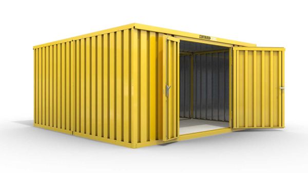 Lagercontainer M2  – 12 qm, H2150 x B3050 x T4340 mm, Außenwandlackierung RAL 1003 signalgelb, Dach außen verzinkt, mit Holzfußboden, 1830 mm Doppelflügeltür mittig in Stirnseite, montiert