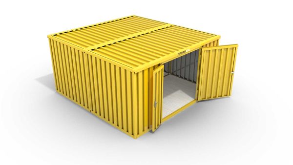 Lagercontainer L2  – 16 qm, H2150 x B4050 x T4340 mm, Außenwandlackierung RAL 1003 signalgelb, Dach außen verzinkt, mit Holzfußboden, 1830 mm Doppelflügeltür mittig in Stirnseite, montiert