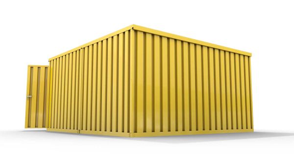 Lagercontainer M2  – 12 qm, H2150 x B3050 x T4340 mm, Außenwandlackierung RAL 1003 signalgelb, Dach außen verzinkt, mit Holzfußboden, 2750 mm Doppelflügeltür mittig in Stirnseite, montiert