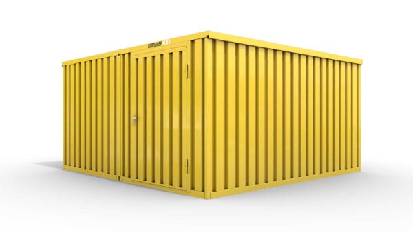 Lagercontainer M2  – 12 qm, H2150 x B3050 x T4340 mm, Außenwandlackierung RAL 1003 signalgelb, Dach außen verzinkt, mit Holzfußboden, 1270 mm Einflügeltür mittig in Modul D, montiert