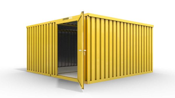 Lagercontainer L2  – 16 qm, H2150 x B4050 x T4340 mm, Außenwandlackierung RAL 1003 signalgelb, Dach außen verzinkt, mit Holzfußboden, 1270 mm Einflügeltür mittig in Modul D, montiert