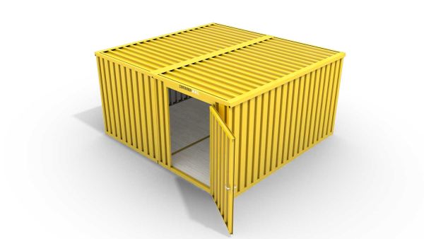 Lagercontainer M2  – 12 qm, H2150 x B3050 x T4340 mm, Außenwandlackierung RAL 1003 signalgelb, Dach außen verzinkt, mit Holzfußboden, 1270 mm Einflügeltür mittig in Modul D, montiert