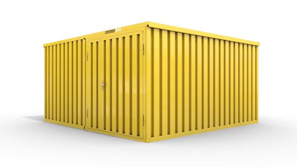 Lagercontainer M2  – 12 qm, H2150 x B3050 x T4340 mm, Außenwandlackierung RAL 1003 signalgelb, Dach außen verzinkt, mit Holzfußboden, 1830 mm Doppelflügeltür mittig in Modul D, montiert