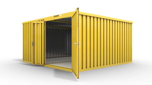 Lagercontainer M2  – 12 qm, H2150 x B3050 x T4340 mm, Außenwandlackierung RAL 1003 signalgelb, Dach außen verzinkt, mit Holzfußboden, 1830 mm Doppelflügeltür mittig in Modul D, montiert