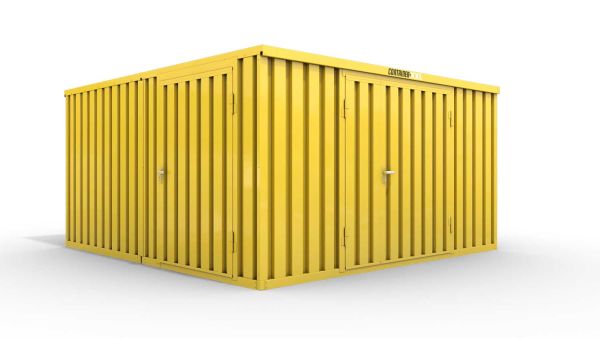 Lagercontainer L2  – 16 qm, H2150 x B4050 x T4340 mm, Außenwandlackierung RAL 1003 signalgelb, Dach außen verzinkt, mit Holzfußboden, 1830 mm Doppelflügeltür mittig in Stirnseite und 1270 mm Einflügeltür mittig in Modul C, montiert