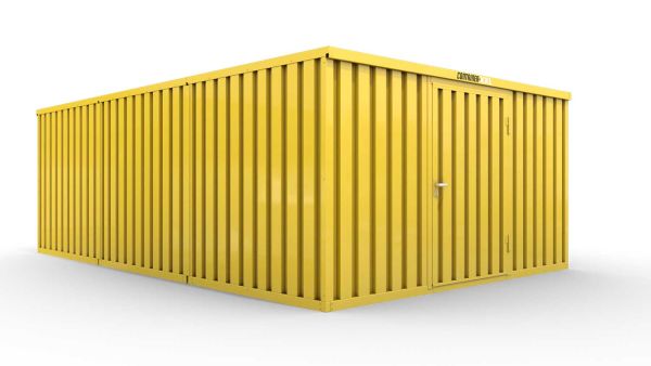 Lagercontainer L3  – 25 qm, H2150 x B4050 x T6520 mm, Außenwandlackierung RAL 1003 signalgelb, Dach außen verzinkt, mit Holzfußboden, 1270 mm Einflügeltür mittig in Breitseite, montiert