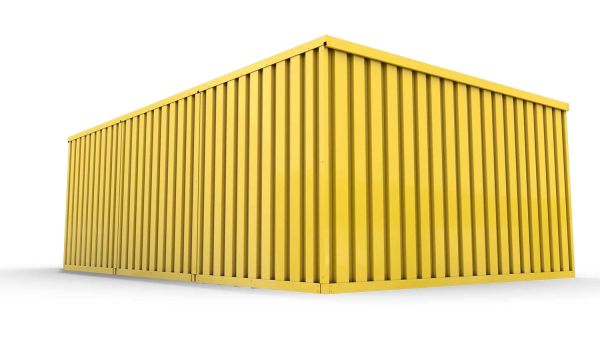 Lagercontainer M3  – 18 qm, H2150 x B3050 x T6520 mm, Außenwandlackierung RAL 1003 signalgelb, Dach außen verzinkt, mit Holzfußboden, 1270 mm Einflügeltür mittig in Breitseite, montiert