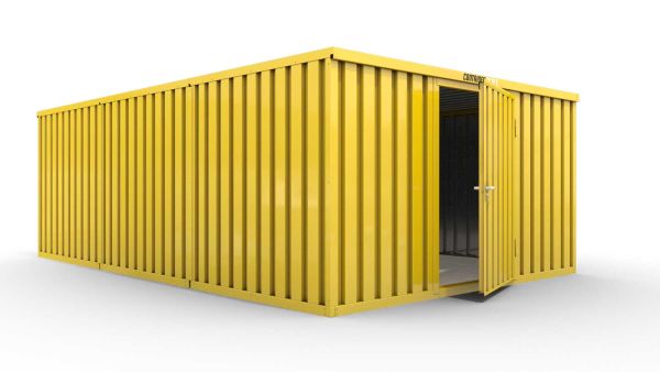 Lagercontainer M3  – 18 qm, H2150 x B3050 x T6520 mm, Außenwandlackierung RAL 1003 signalgelb, Dach außen verzinkt, mit Holzfußboden, 1270 mm Einflügeltür mittig in Breitseite, montiert