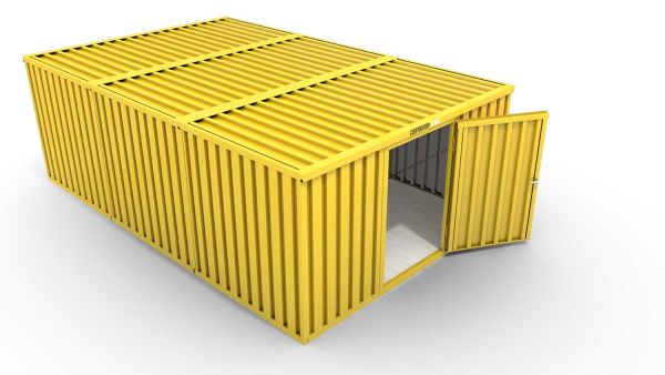 Lagercontainer M3  – 18 qm, H2150 x B3050 x T6520 mm, Außenwandlackierung RAL 1003 signalgelb, Dach außen verzinkt, mit Holzfußboden, 1270 mm Einflügeltür mittig in Breitseite, montiert