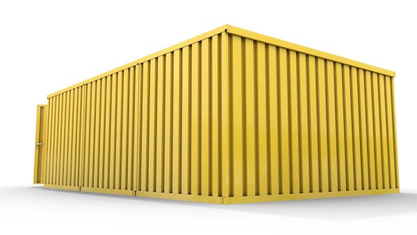 Lagercontainer M3  – 18 qm, H2150 x B3050 x T6520 mm, Außenwandlackierung RAL 1003 signalgelb, Dach außen verzinkt, mit Holzfußboden, 1830 mm Doppelflügeltür mittig in Stirnseite, montiert