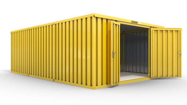 Lagercontainer M3  – 18 qm, H2150 x B3050 x T6520 mm, Außenwandlackierung RAL 1003 signalgelb, Dach außen verzinkt, mit Holzfußboden, 1830 mm Doppelflügeltür mittig in Stirnseite, montiert