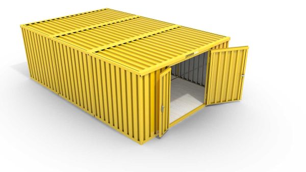 Lagercontainer L3  – 25 qm, H2150 x B4050 x T6520 mm, Außenwandlackierung RAL 1003 signalgelb, Dach außen verzinkt, mit Holzfußboden, 1830 mm Doppelflügeltür mittig in Stirnseite, montiert