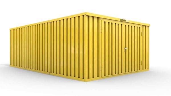 Lagercontainer M3  – 18 qm, H2150 x B3050 x T6520 mm, Außenwandlackierung RAL 1003 signalgelb, Dach außen verzinkt, mit Holzfußboden, 2750 mm Doppelflügeltür mittig in Stirnseite, montiert