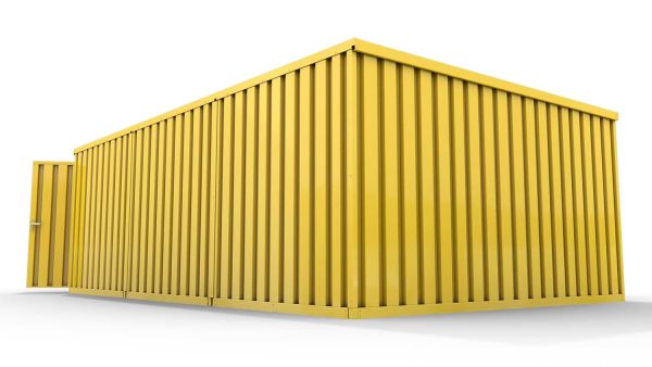 Lagercontainer L3  – 25 qm, H2150 x B4050 x T6520 mm, Außenwandlackierung RAL 1003 signalgelb, Dach außen verzinkt, mit Holzfußboden, 2750 mm Doppelflügeltür mittig in Stirnseite, montiert