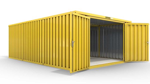 Lagercontainer M3  – 18 qm, H2150 x B3050 x T6520 mm, Außenwandlackierung RAL 1003 signalgelb, Dach außen verzinkt, mit Holzfußboden, 2750 mm Doppelflügeltür mittig in Stirnseite, montiert