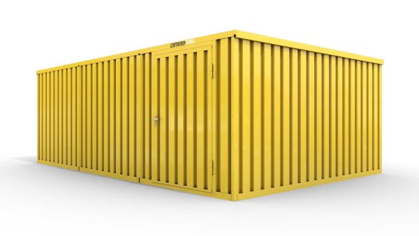 Lagercontainer XL3  – 32 qm, H2150 x B5080 x T6520 mm, Außenwandlackierung RAL 1003 signalgelb, Dach außen verzinkt, mit Holzfußboden, 1270 mm Einflügeltür mittig in Modul D, montiert