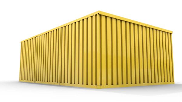 Lagercontainer M3  – 18 qm, H2150 x B3050 x T6520 mm, Außenwandlackierung RAL 1003 signalgelb, Dach außen verzinkt, mit Holzfußboden, 1270 mm Einflügeltür mittig in Modul D, montiert