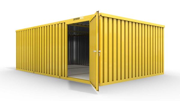 Lagercontainer L3  – 25 qm, H2150 x B4050 x T6520 mm, Außenwandlackierung RAL 1003 signalgelb, Dach außen verzinkt, mit Holzfußboden, 1270 mm Einflügeltür mittig in Modul D, montiert