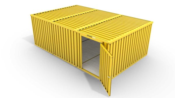 Lagercontainer L3  – 25 qm, H2150 x B4050 x T6520 mm, Außenwandlackierung RAL 1003 signalgelb, Dach außen verzinkt, mit Holzfußboden, 1270 mm Einflügeltür mittig in Modul D, montiert