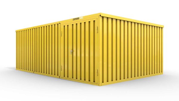 Lagercontainer XL3  – 32 qm, H2150 x B5080 x T6520 mm, Außenwandlackierung RAL 1003 signalgelb, Dach außen verzinkt, mit Holzfußboden, 1830 mm Doppelflügeltür mittig in Modul D, montiert