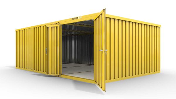 Lagercontainer M3  – 18 qm, H2150 x B3050 x T6520 mm, Außenwandlackierung RAL 1003 signalgelb, Dach außen verzinkt, mit Holzfußboden, 1830 mm Doppelflügeltür mittig in Modul D, montiert