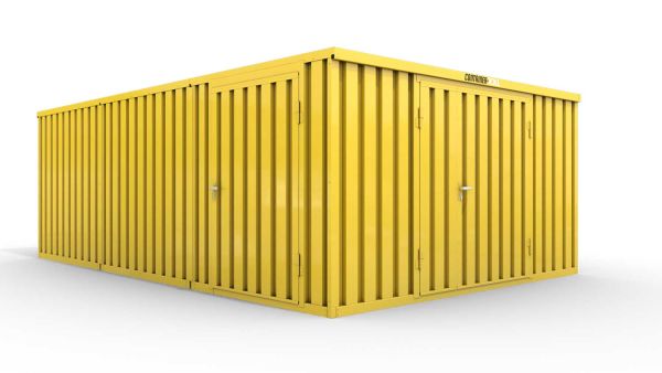 Lagercontainer M3  – 18 qm, H2150 x B3050 x T6520 mm, Außenwandlackierung RAL 1003 signalgelb, Dach außen verzinkt, mit Holzfußboden, 1830 mm Doppelflügeltür mittig in Stirnseite und 1270 mm Einflügeltür mittig in Modul C, montiert