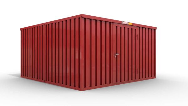 Lagercontainer XL2  – 21 qm, H2150 x B5080 x T4340 mm, Außenwandlackierung RAL 3000 feuerrot, Dach außen verzinkt, mit Holzfußboden, 1270 mm Einflügeltür mittig in Breitseite, montiert