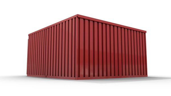 Lagercontainer M2  – 12 qm, H2150 x B3050 x T4340 mm, Außenwandlackierung RAL 3000 feuerrot, Dach außen verzinkt, mit Holzfußboden, 1270 mm Einflügeltür mittig in Breitseite, montiert