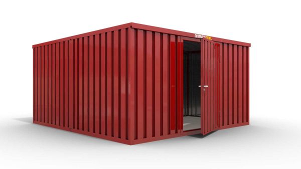 Lagercontainer L2  – 16 qm, H2150 x B4050 x T4340 mm, Außenwandlackierung RAL 3000 feuerrot, Dach außen verzinkt, mit Holzfußboden, 1270 mm Einflügeltür mittig in Breitseite, montiert