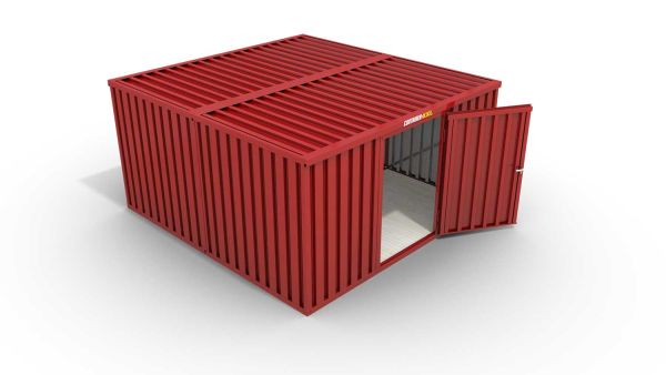 Lagercontainer M2  – 12 qm, H2150 x B3050 x T4340 mm, Außenwandlackierung RAL 3000 feuerrot, Dach außen verzinkt, mit Holzfußboden, 1270 mm Einflügeltür mittig in Breitseite, montiert