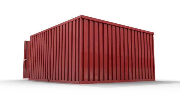 Lagercontainer L2  – 16 qm, H2150 x B4050 x T4340 mm, Außenwandlackierung RAL 3000 feuerrot, Dach außen verzinkt, mit Holzfußboden, 1830 mm Doppelflügeltür mittig in Stirnseite, montiert